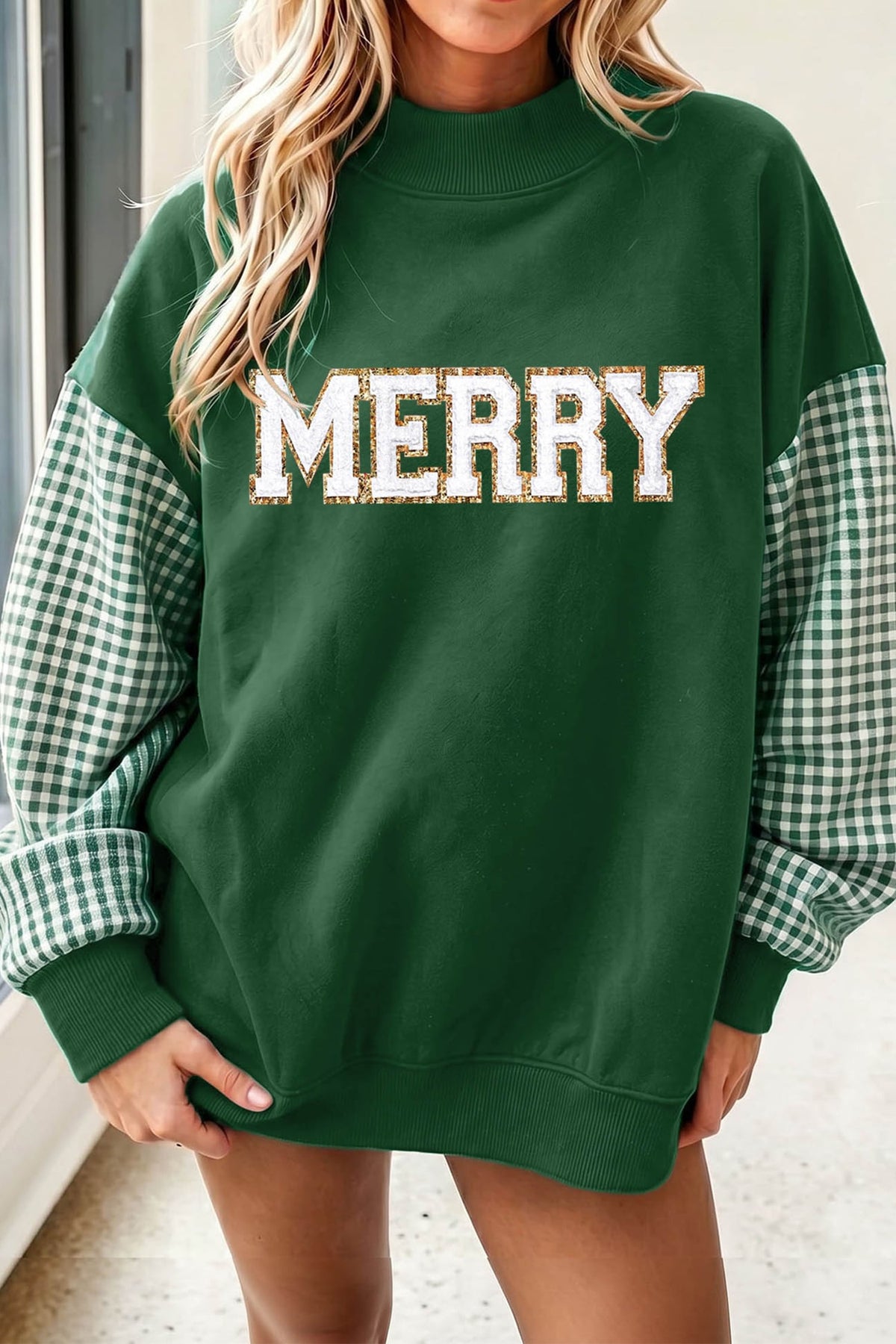 Evergreen Glitter MERRY Patch Graphic Plaid Sleeve Tunic Sweatshirt