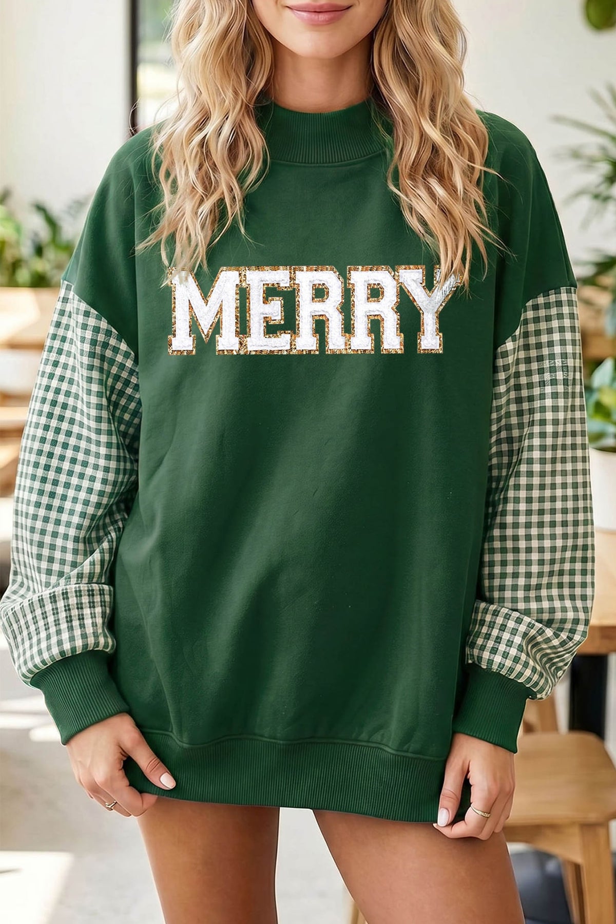 Evergreen Glitter MERRY Patch Graphic Plaid Sleeve Tunic Sweatshirt