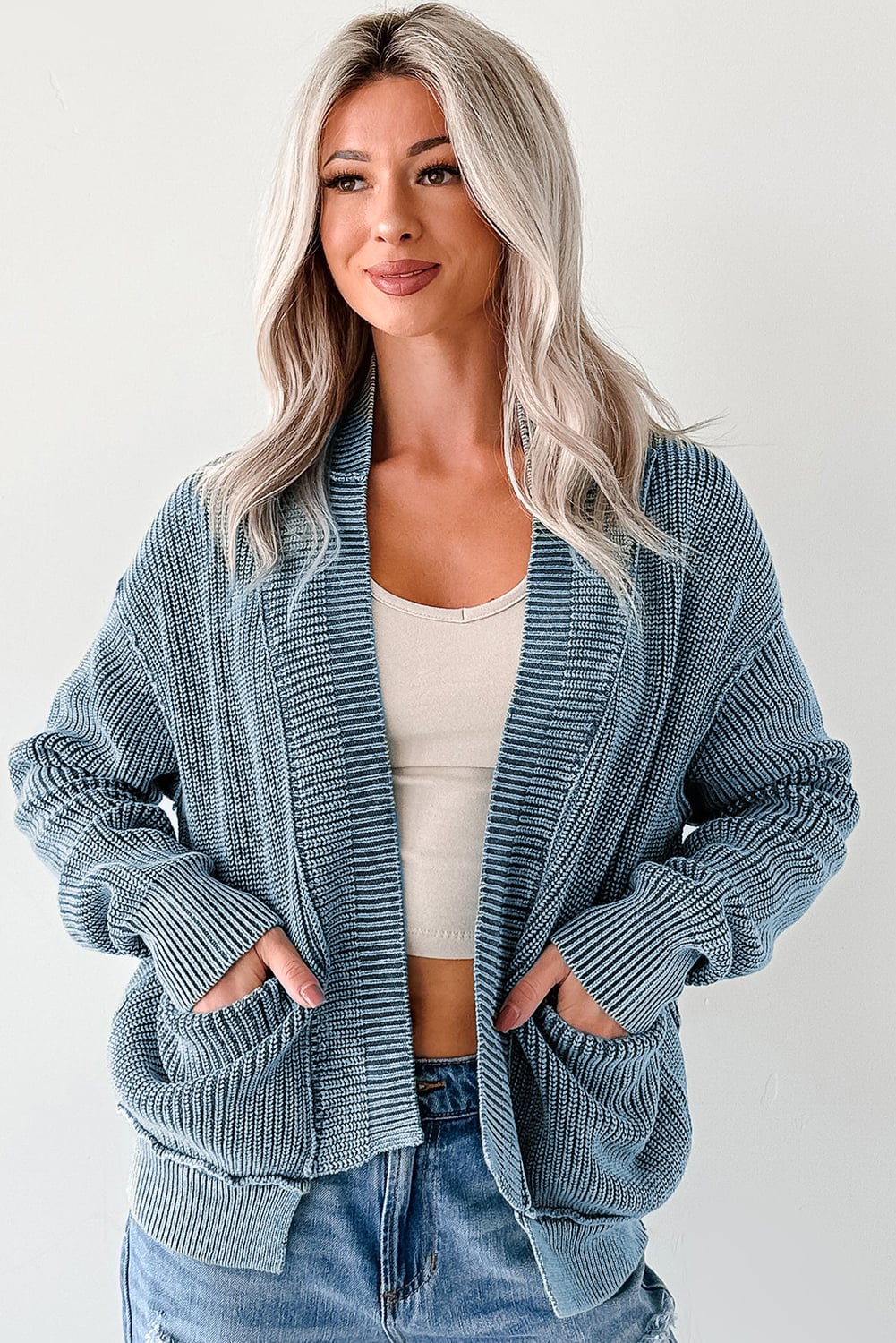 Evergreen Mineral Wash Exposed Seam Patchwork Knit Open Sweater Cardigan