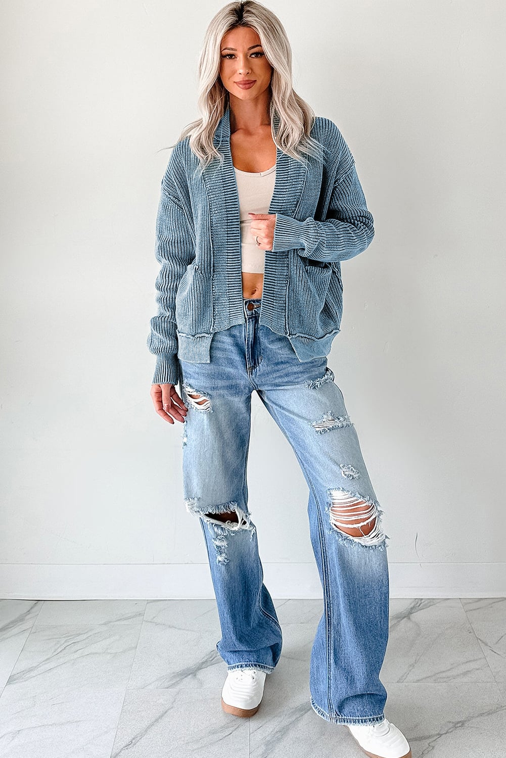 Evergreen Mineral Wash Exposed Seam Patchwork Knit Open Sweater Cardigan