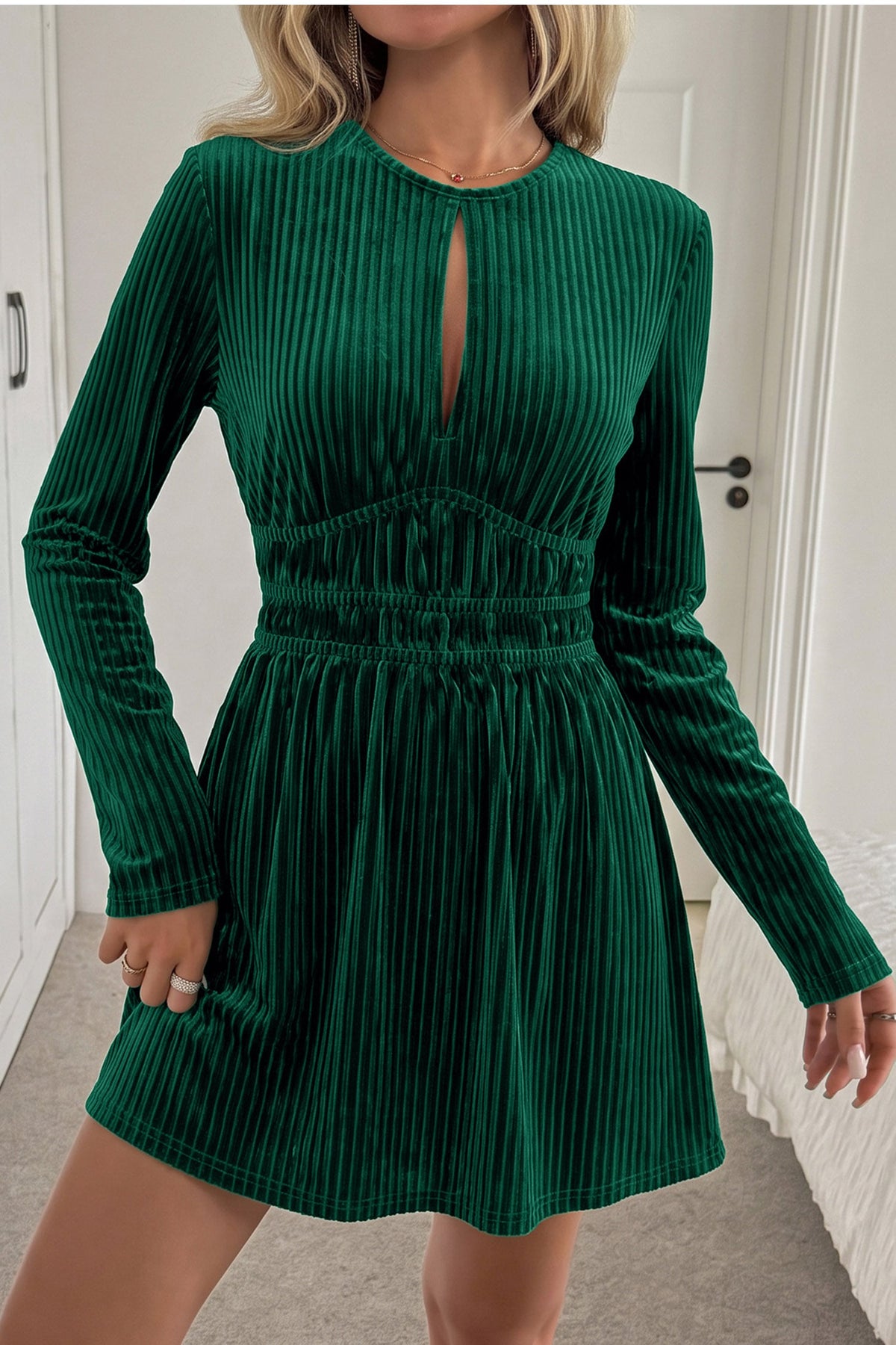 Evergreen Ribbed Velvet Keyhole Long Sleeve Mini Dress