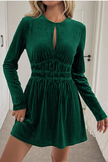 Evergreen Ribbed Velvet Keyhole Long Sleeve Mini Dress
