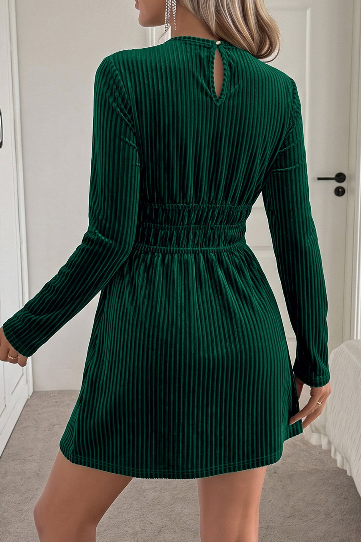 Evergreen Ribbed Velvet Keyhole Long Sleeve Mini Dress