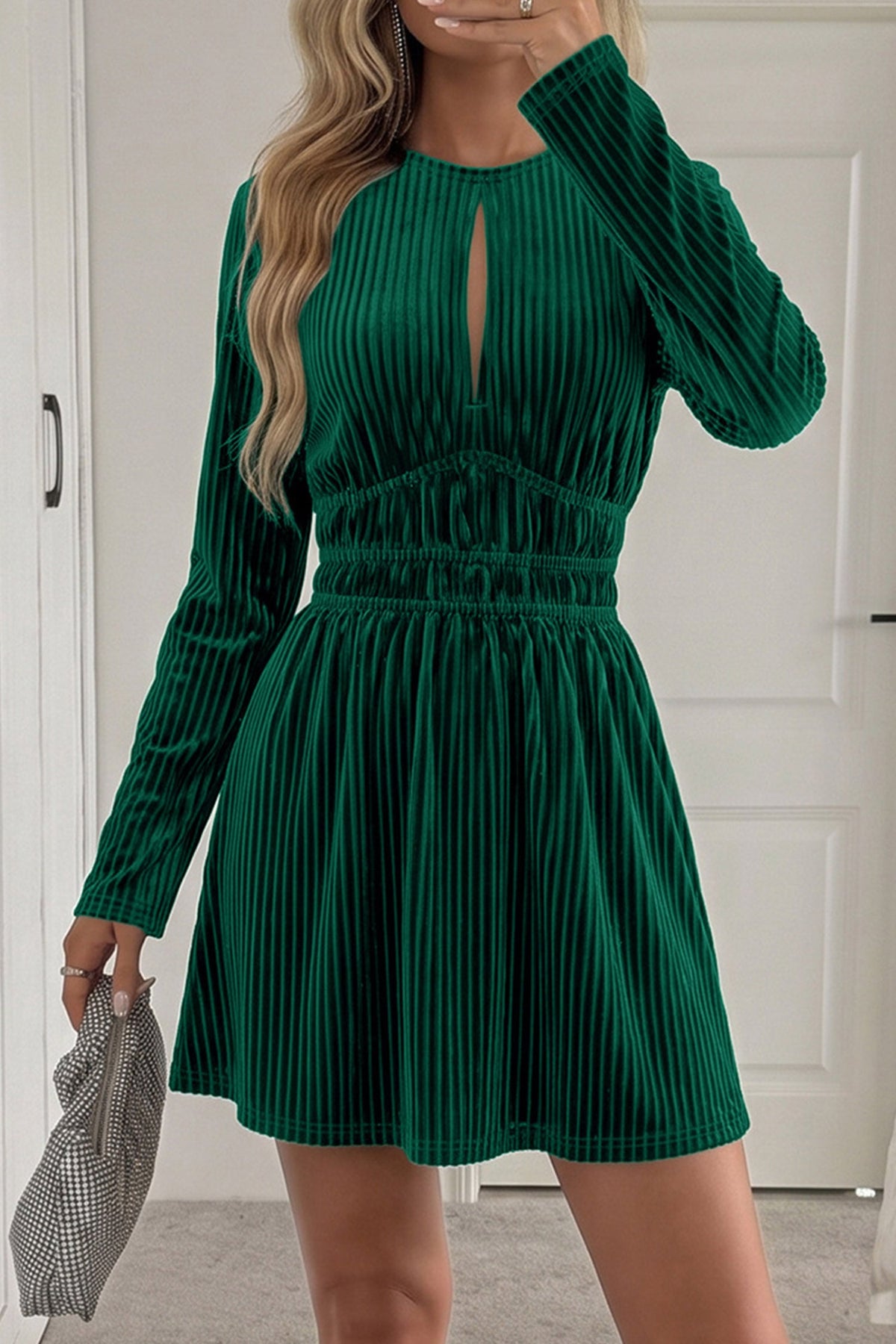Evergreen Ribbed Velvet Keyhole Long Sleeve Mini Dress