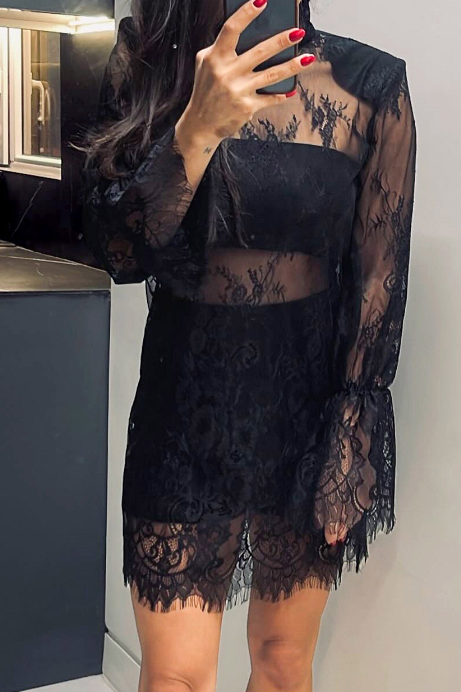 Black Sheer Lace Long Sleeve Padded Shoulder Mini Shift Dress