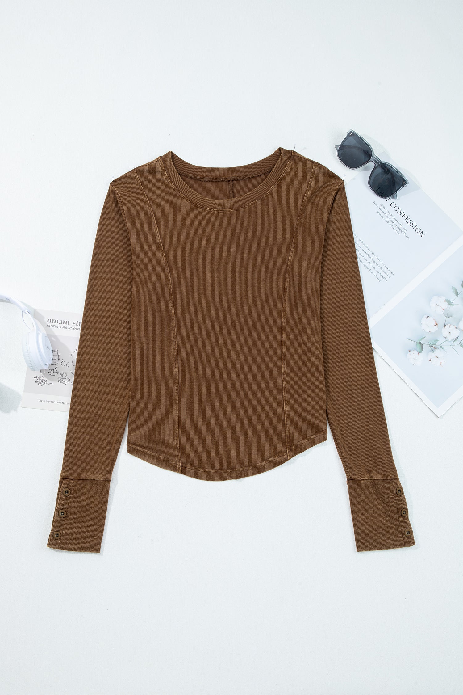 Coffee Exposed Seam Ribbed Long Sleeve Top