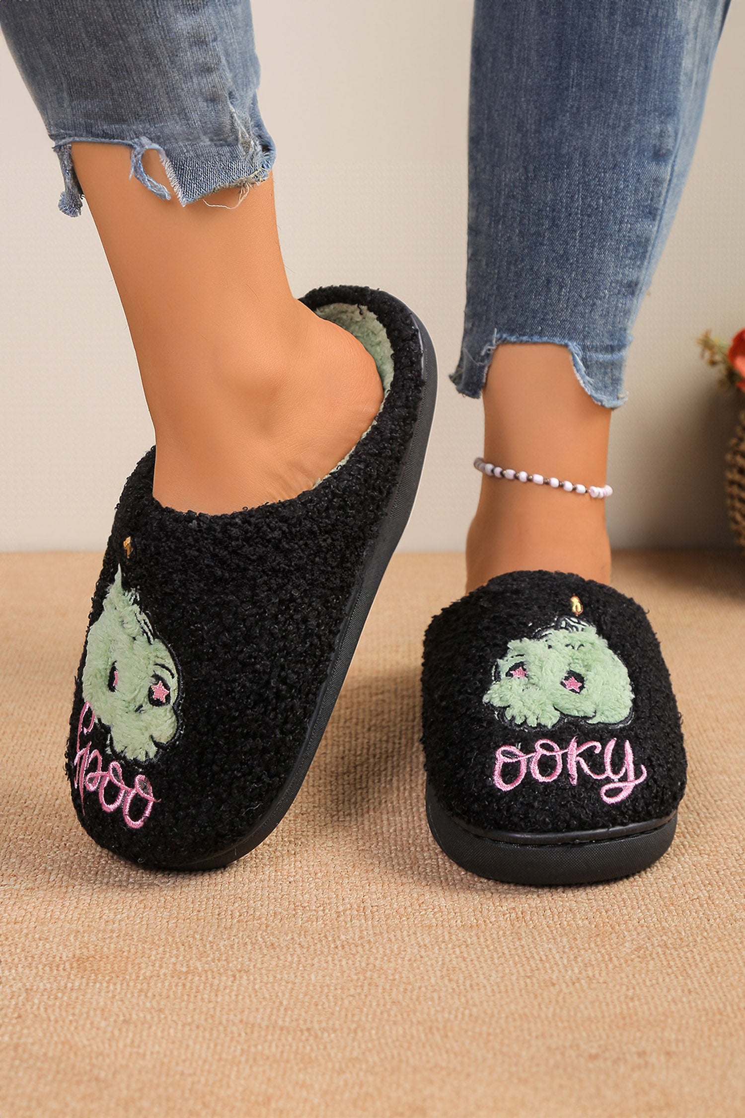Black Color Contrast spooky Embroidered Asymmetric Plush Winter Slippers