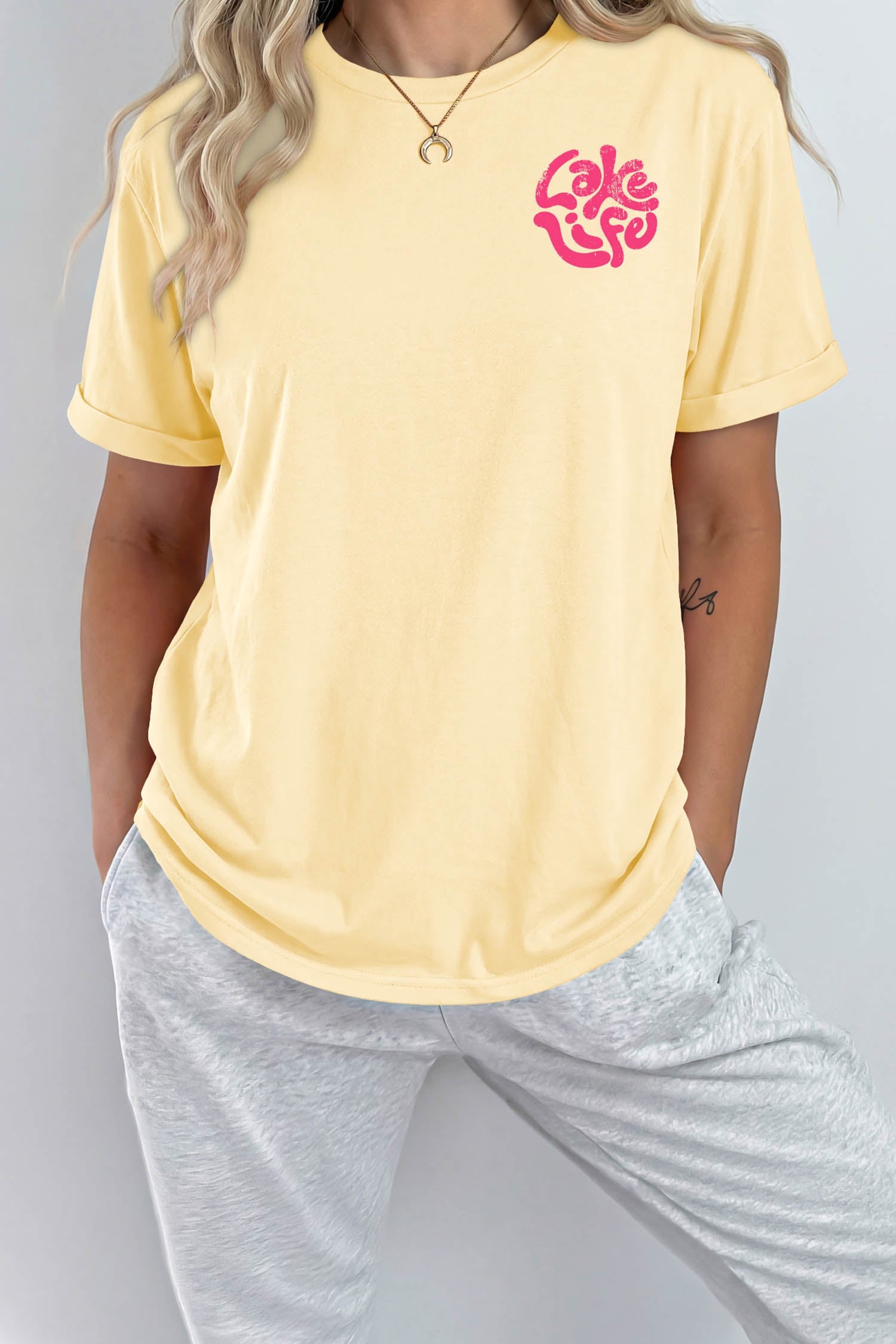 Yellow Cream Casual Round Neck Short Sleeve Slogan Print Loose Fit T-shirt
