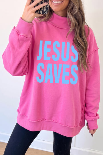 Bright Pink JESUS SAVES Graphic Mock Neck Sweatshirt