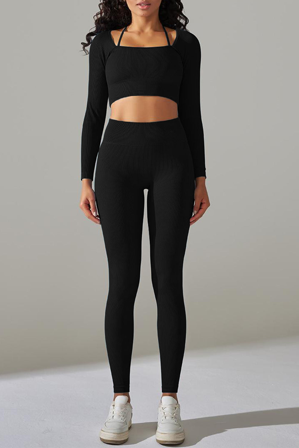 Black Ribbed Long Sleeve Strappy Square Neck 2pcs Yoga Set
