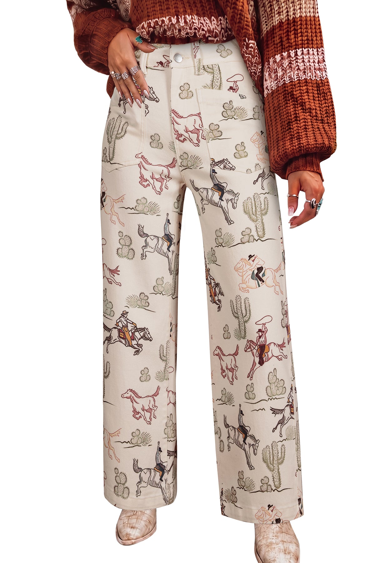 Multicolour Western Print Straight Leg Ankle-Length Pocket Jeans
