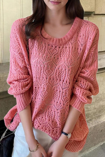 Sachet Pink Stylish Hollowed Pattern Knit Round Neck Sweater