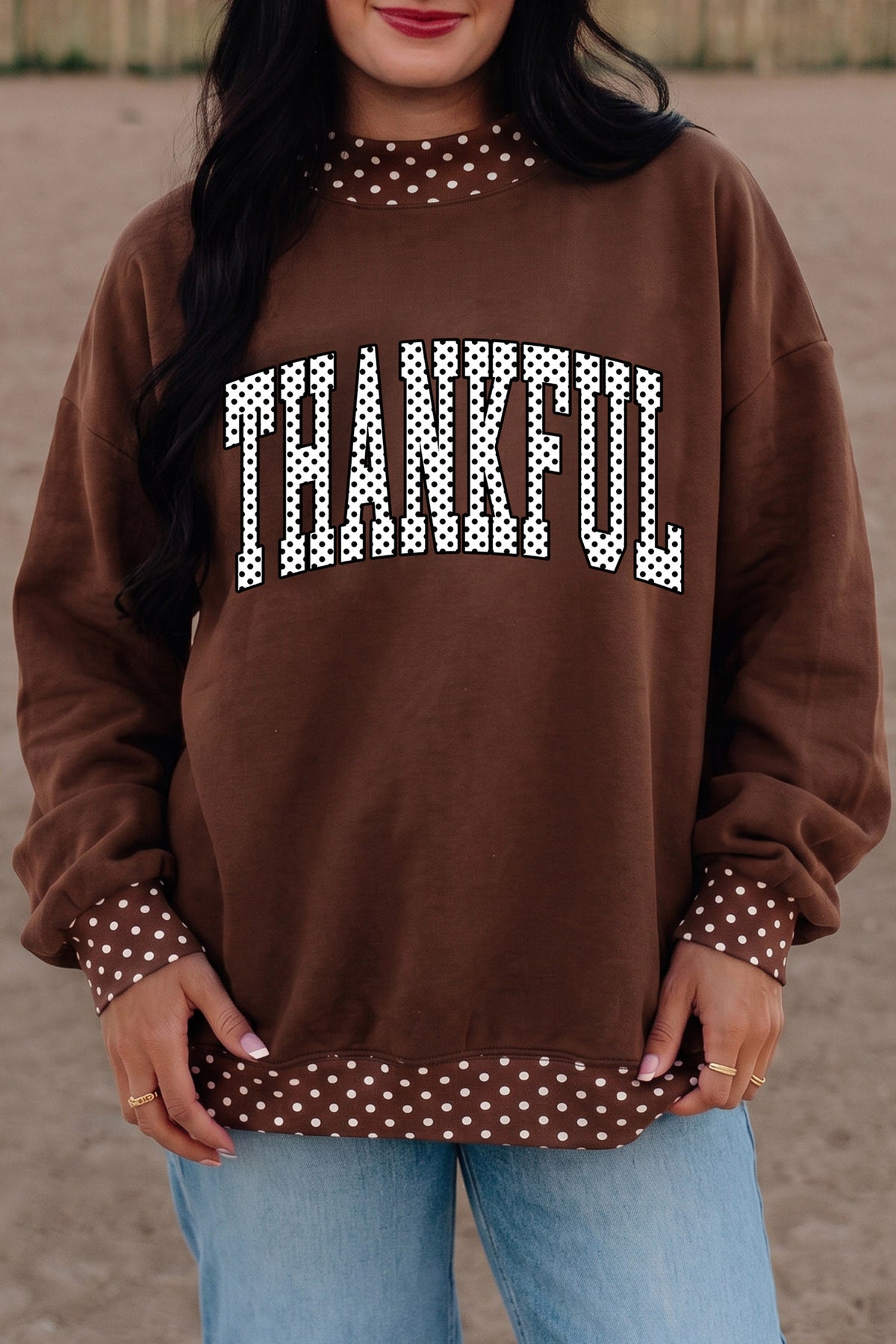 Brown Polka Dot Contrast Trim Slogan Printed Tunic Pullover Sweatshirt