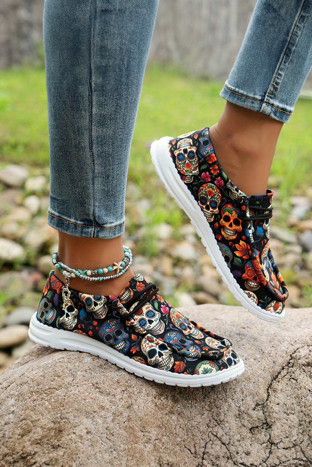 Black Sugar Skull Print Lace-up Detail Halloween Flat Shoes