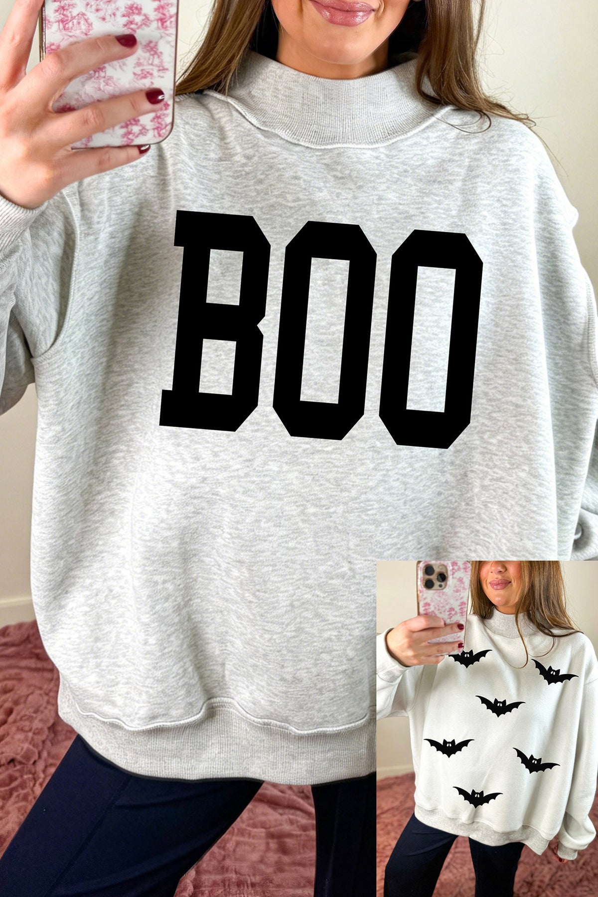 Light Grey BOO/ Halloween Bat Printed Reversible Mock Neck Pullover Sweatshirt