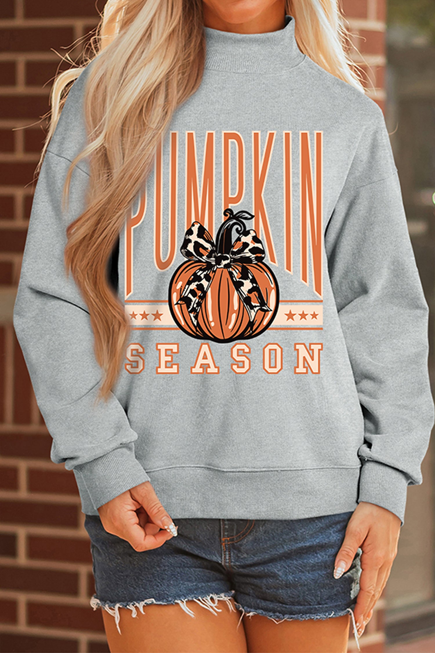 Gray Oversize Pumpkin Season Print Mock Neck Graphic Sweatshirt