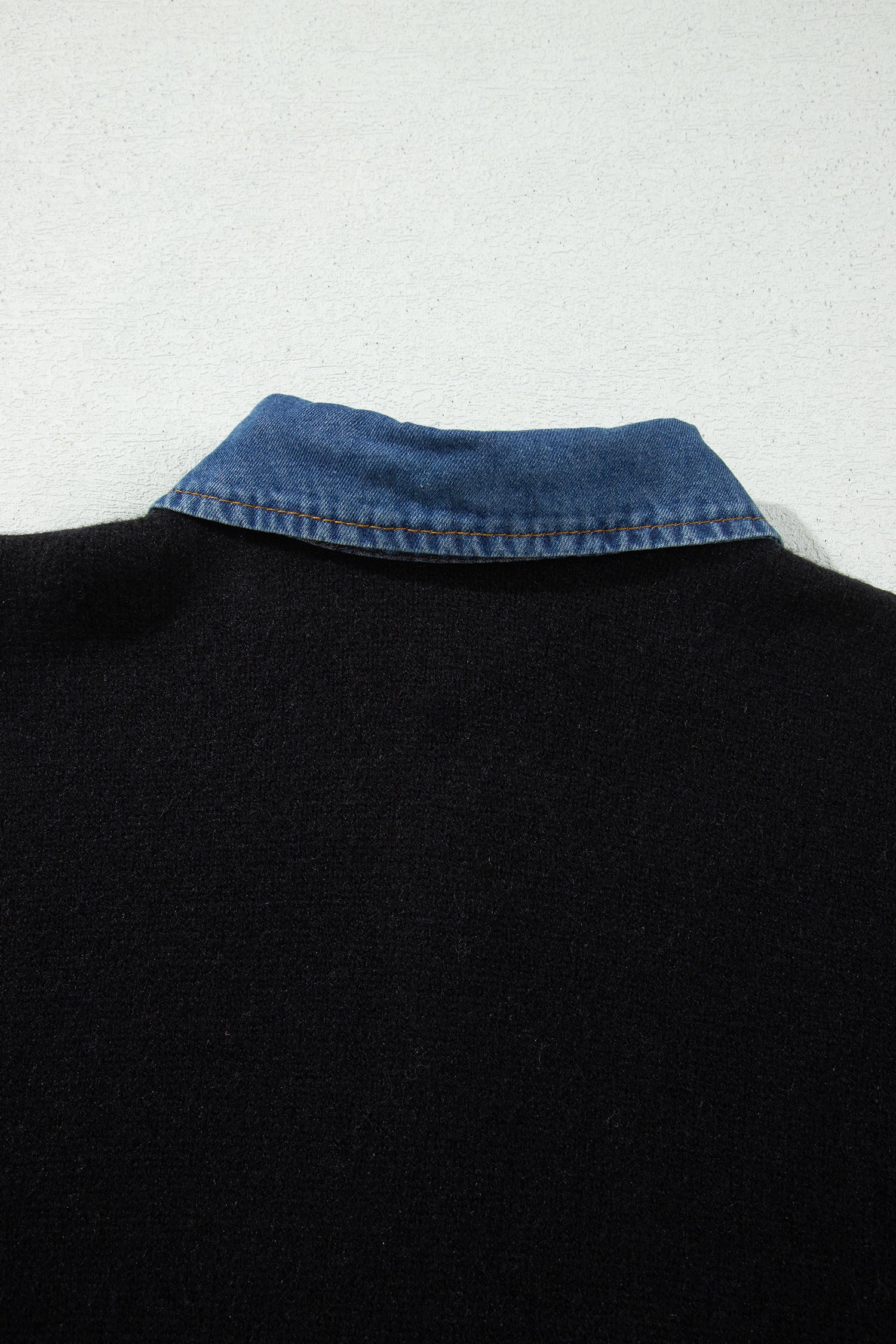 Black Denim Patchwork Collar Cuffed Casual Sweater