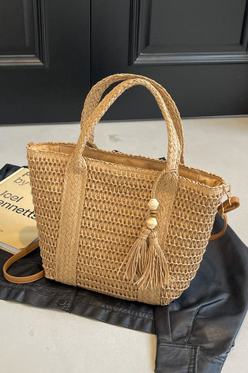 Light French Beige Rattan Woven Beach Vacation Shoulder Tote Bag