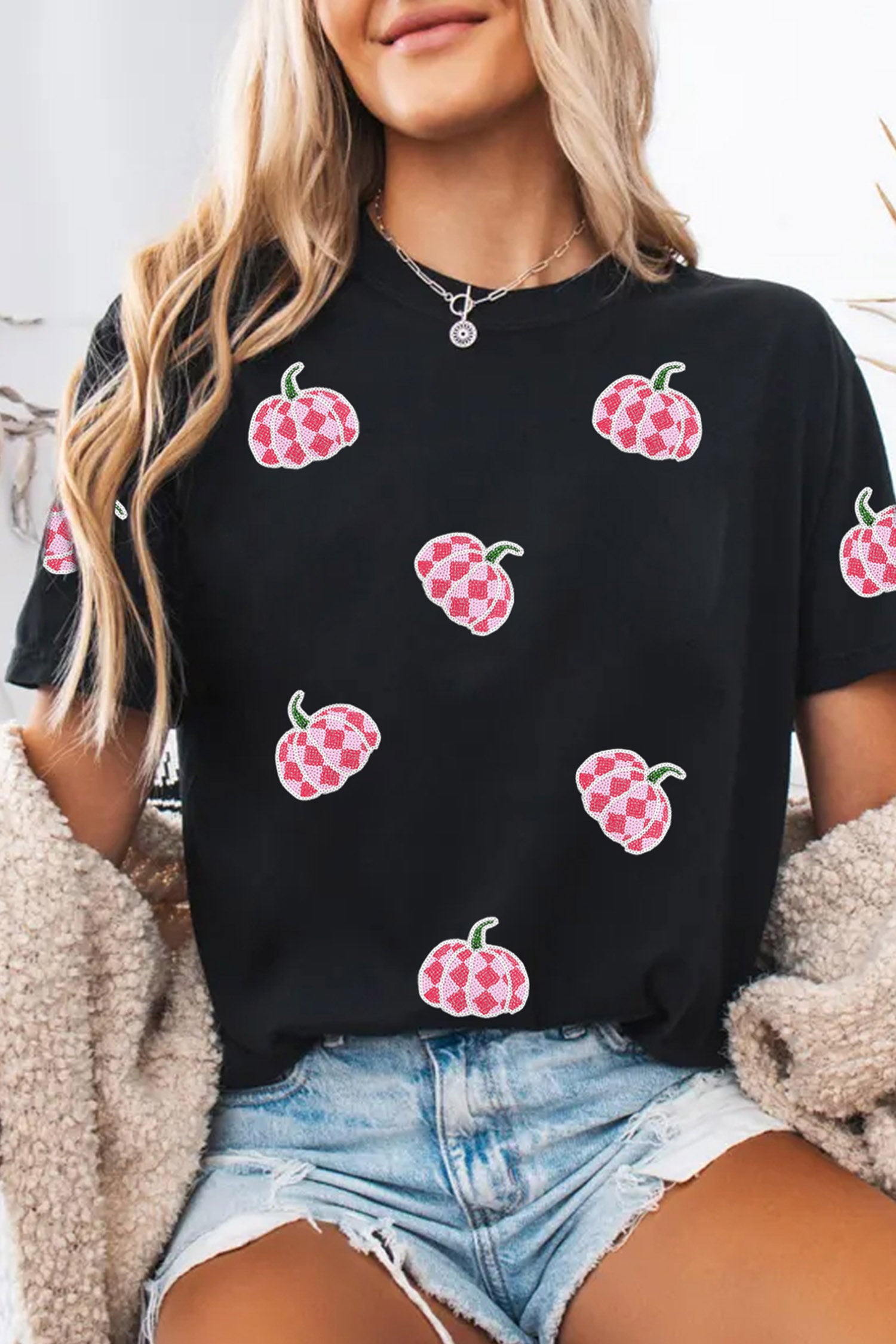 Black Sequin Plaid Pumpkin Graphic Round Neck T Shirt