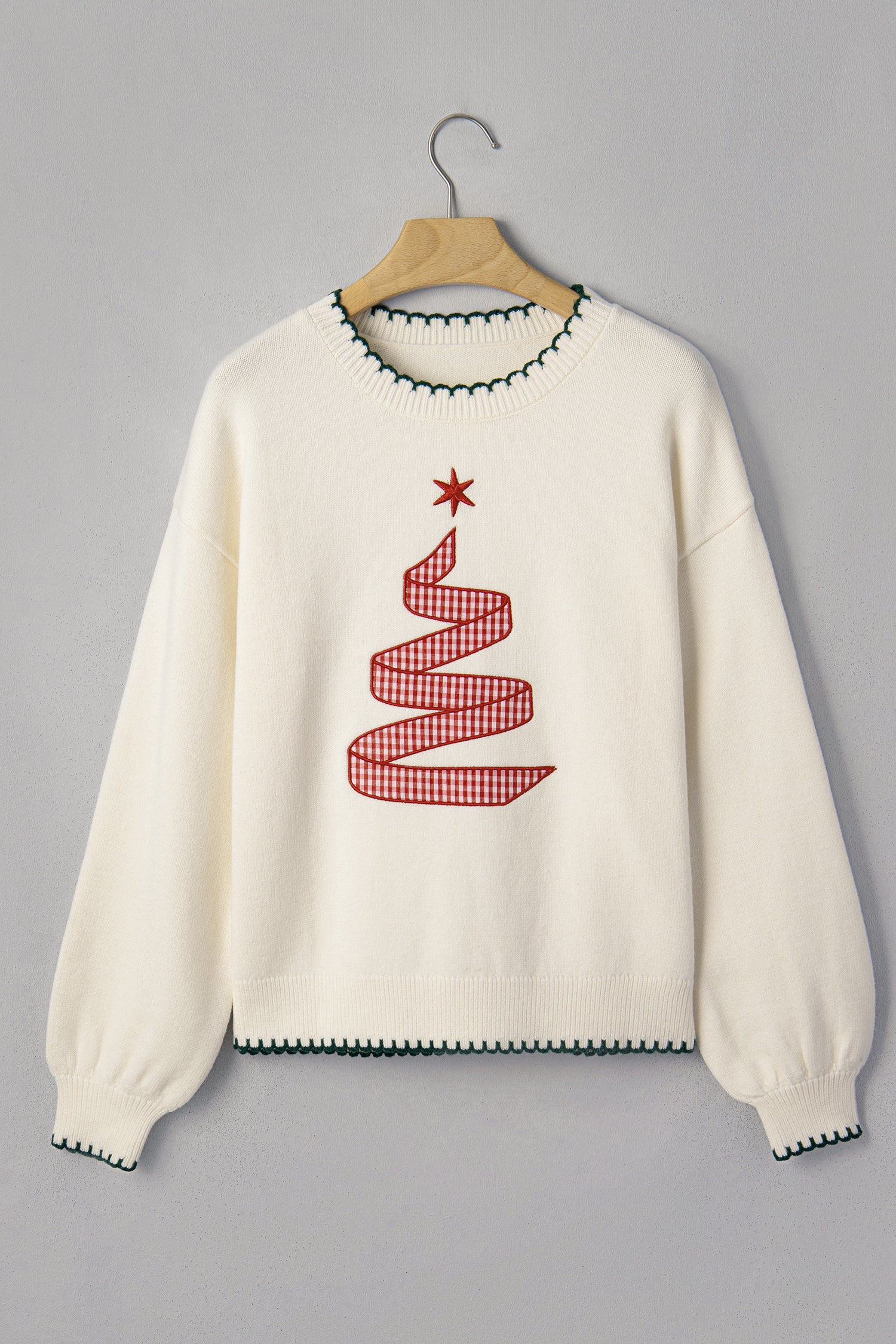 Beige Stitched Detail Christmas Tree Holiday Casual Sweater