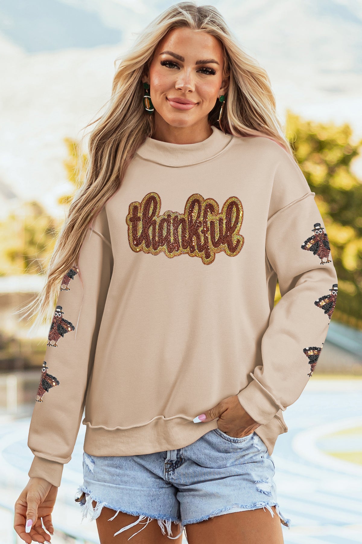 Apricot Sequin Thankful Graphic Exposed Seam Mock Neck Turkey Sleeve Pullover Sweatshirt