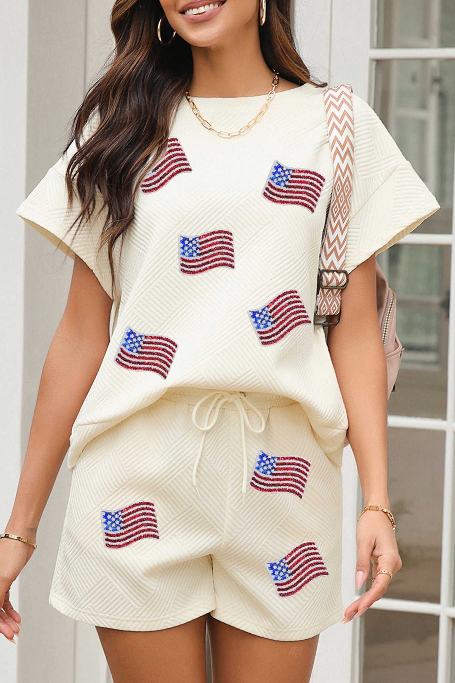 Apricot Quilted Texture Sequin Flag Patched Short 2pcs Outfit