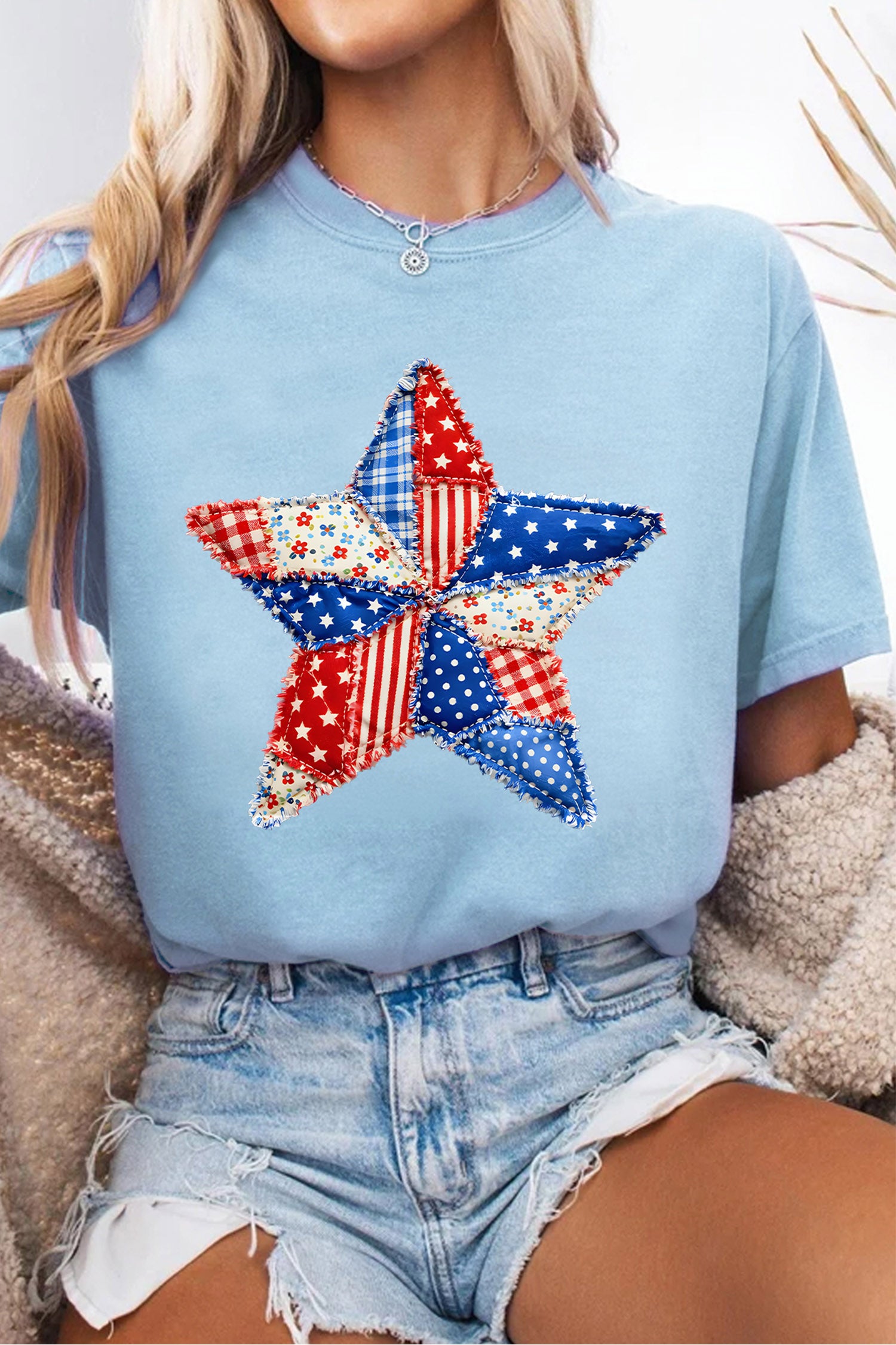Light Blue Patriotic Patchwork Star Graphic T-Shirt