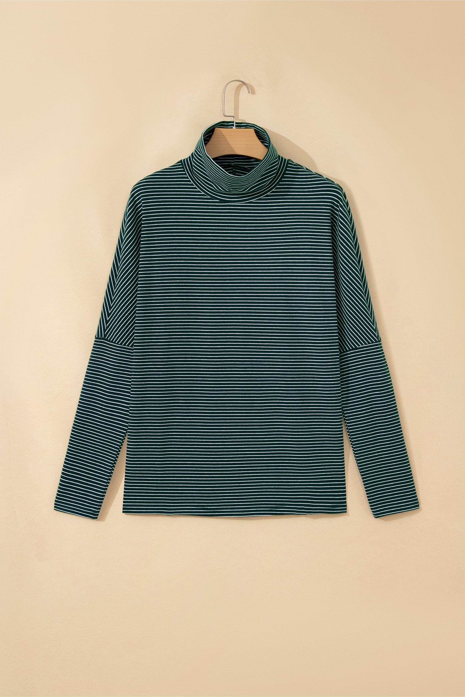 Green Stripe High Neck Dropped Shoulder Long Sleeve Casual Top