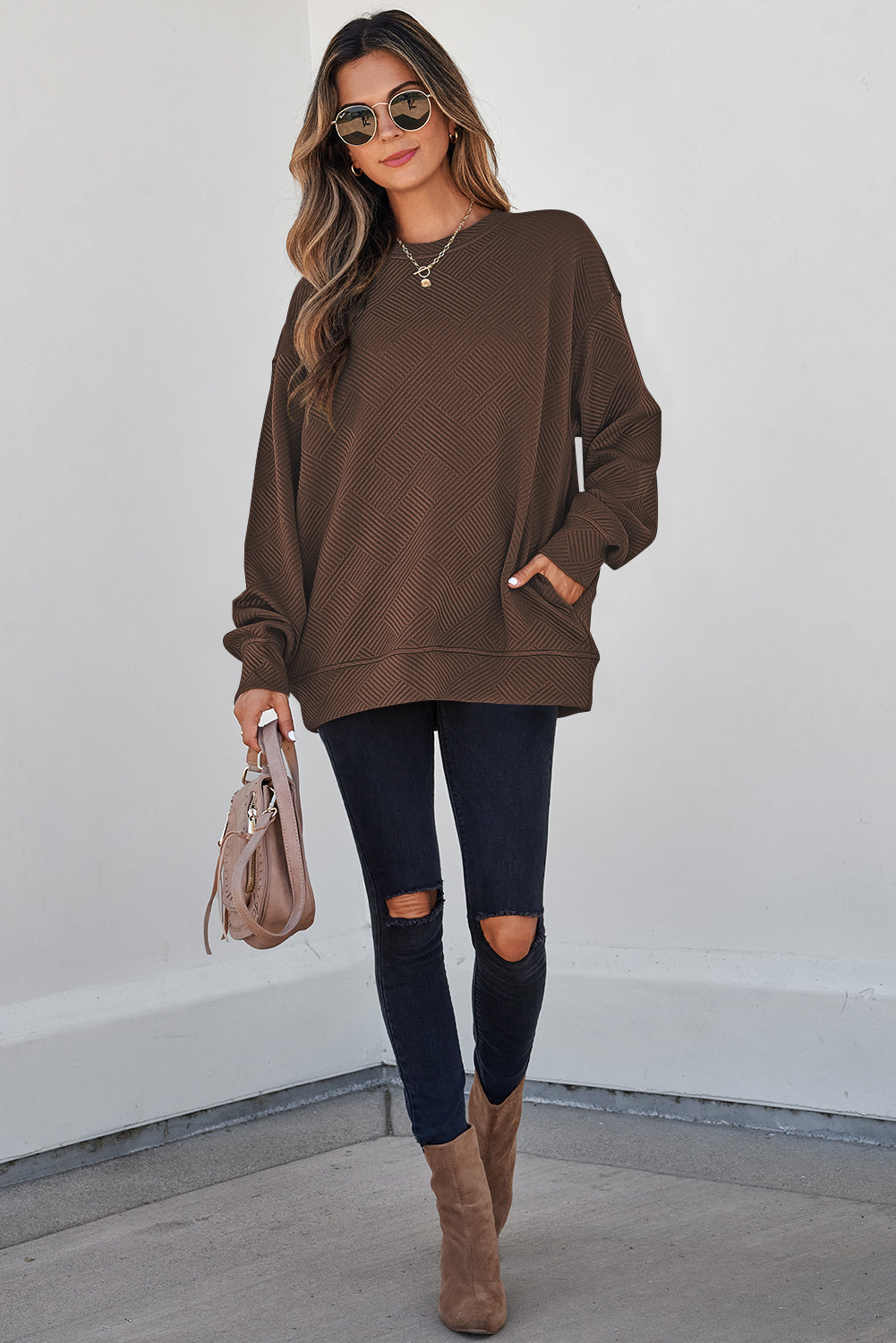 Coffee Solid Color Textured Round Neck Drop Shoulder Pullover Sweatshirt