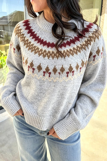 Gray Geometric Detail Round Neck Winter Sweater
