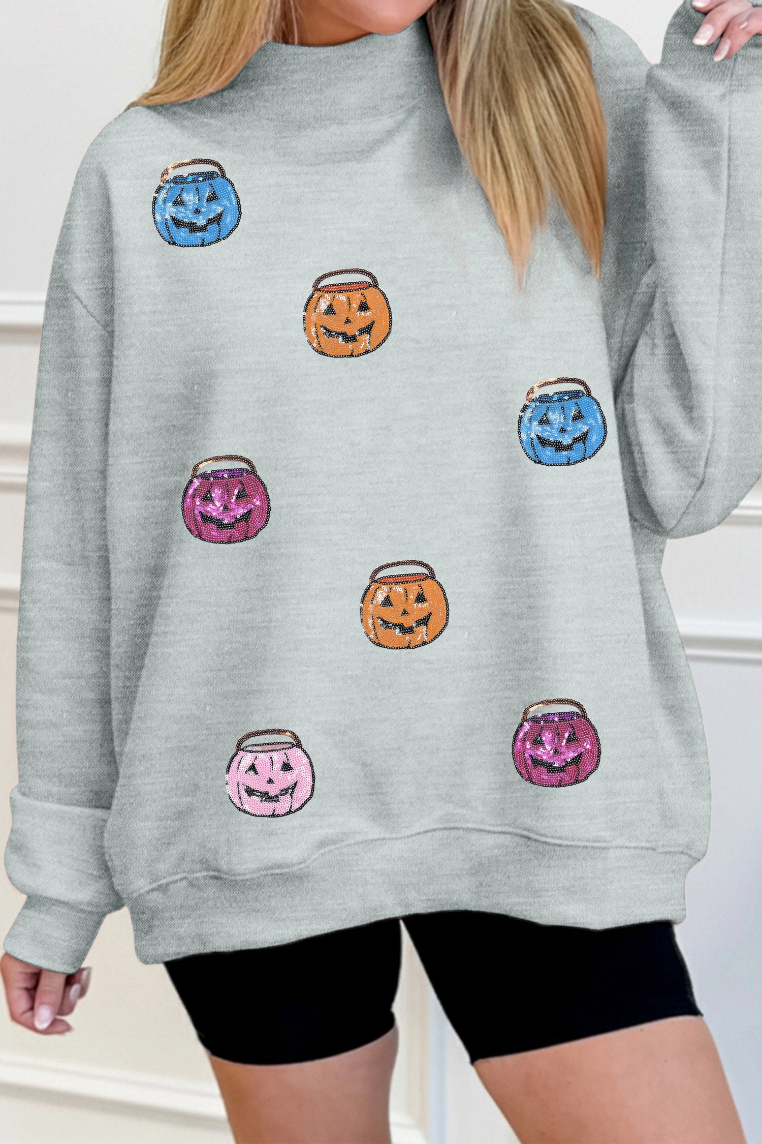 Gray Sequin Halloween Pumpkin Face Mock Neck Sweatshirt