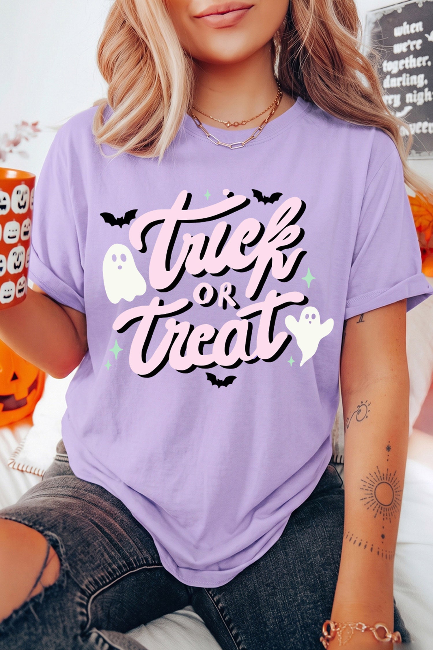 Orchid Petal Halloween Trick or Treat Slogan Graphic Round Neck T-Shirt