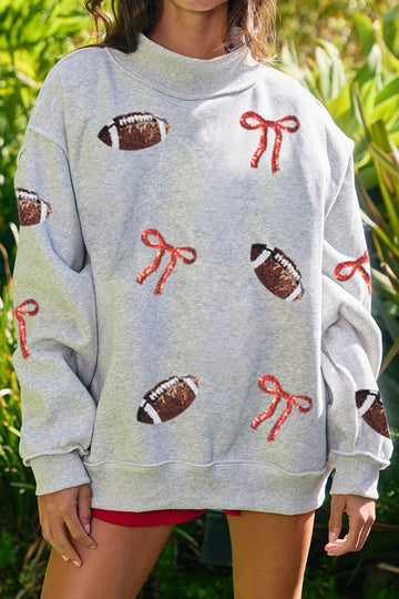 Light Grey Sequin Rugby Bow Graphic Mock Neck Relaxed Pullover Sweatshirt