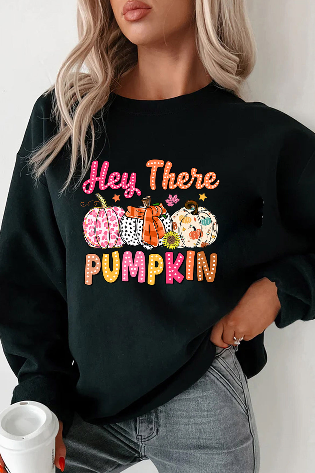 Black Cozy Autumn Pumpkin Print Relaxed Pullover Sweatshirt