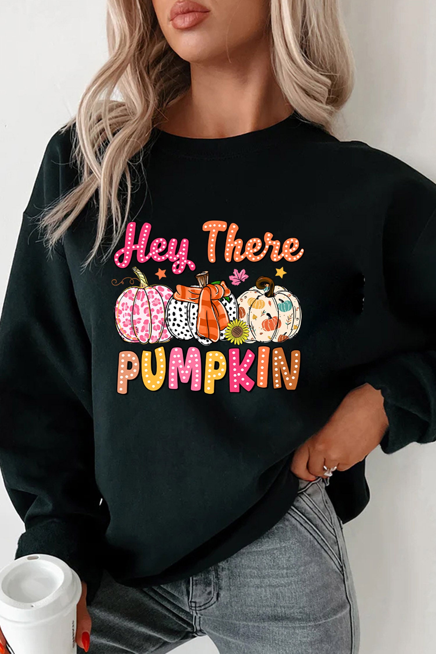 Black Cozy Autumn Pumpkin Print Relaxed Pullover Sweatshirt