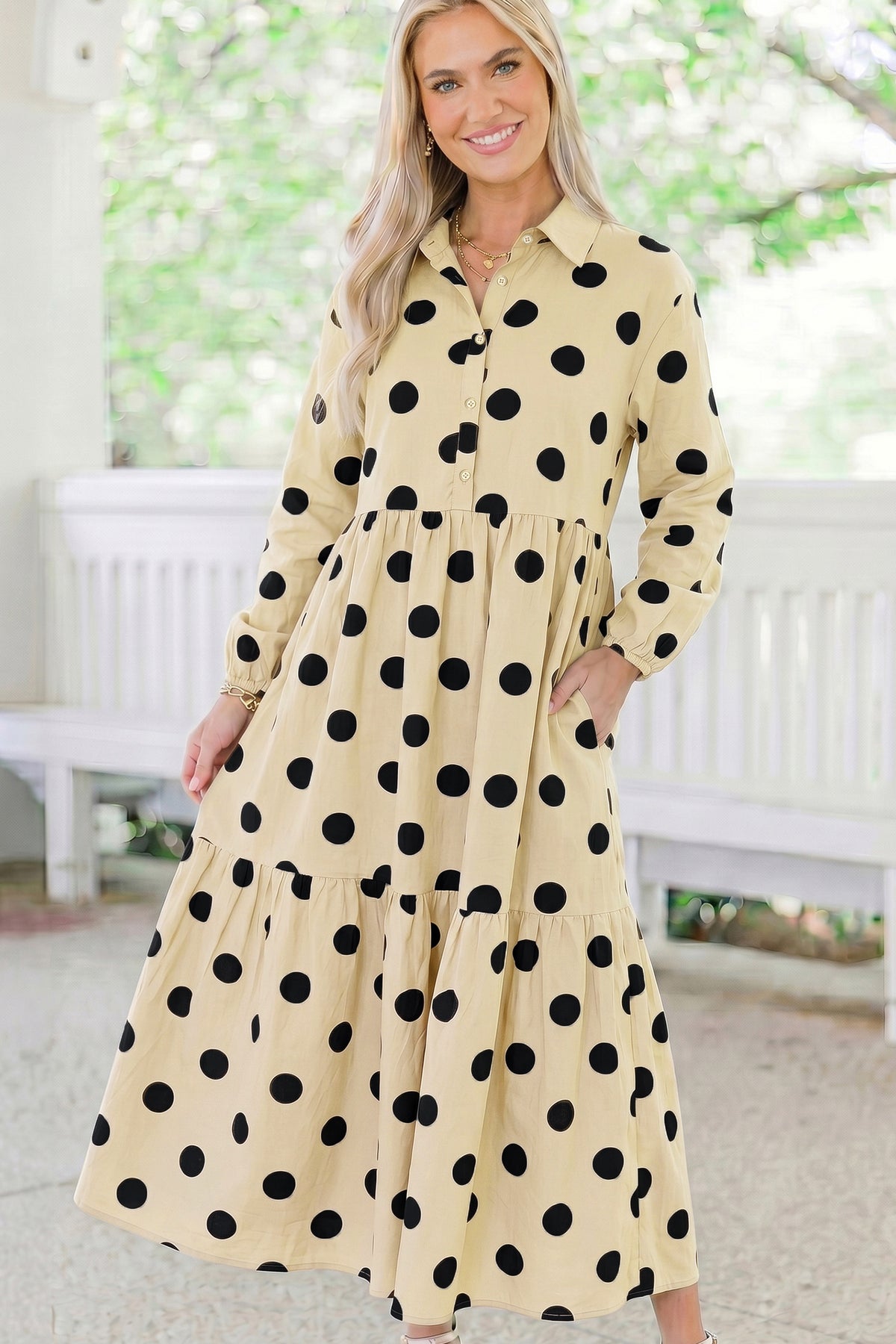 Apricot Polka Dot Button Front Long Sleeve Shift Dress