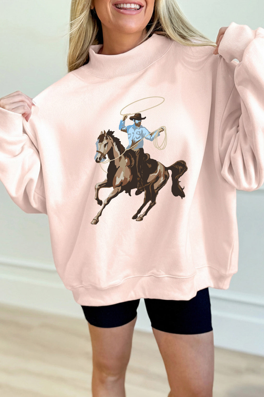 Apricot Pink Western Cowboy Rodeo Print Mock Neck Sweatshirt