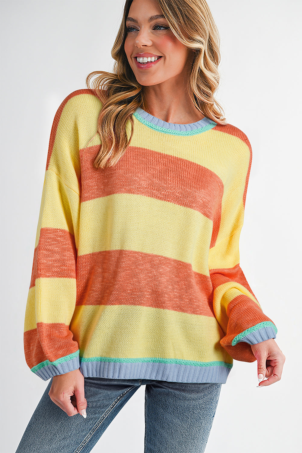 Yellow Stripe Contrasting Trim Round Neck Oversize Sweater