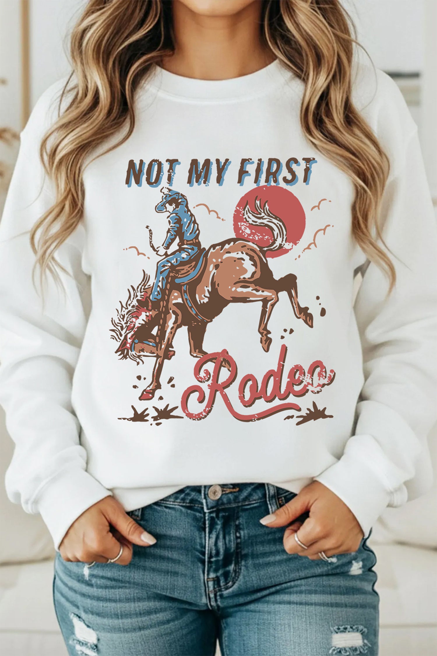 White NOT MY FIRST Rodeo Western Print Pullover Sweatshirt