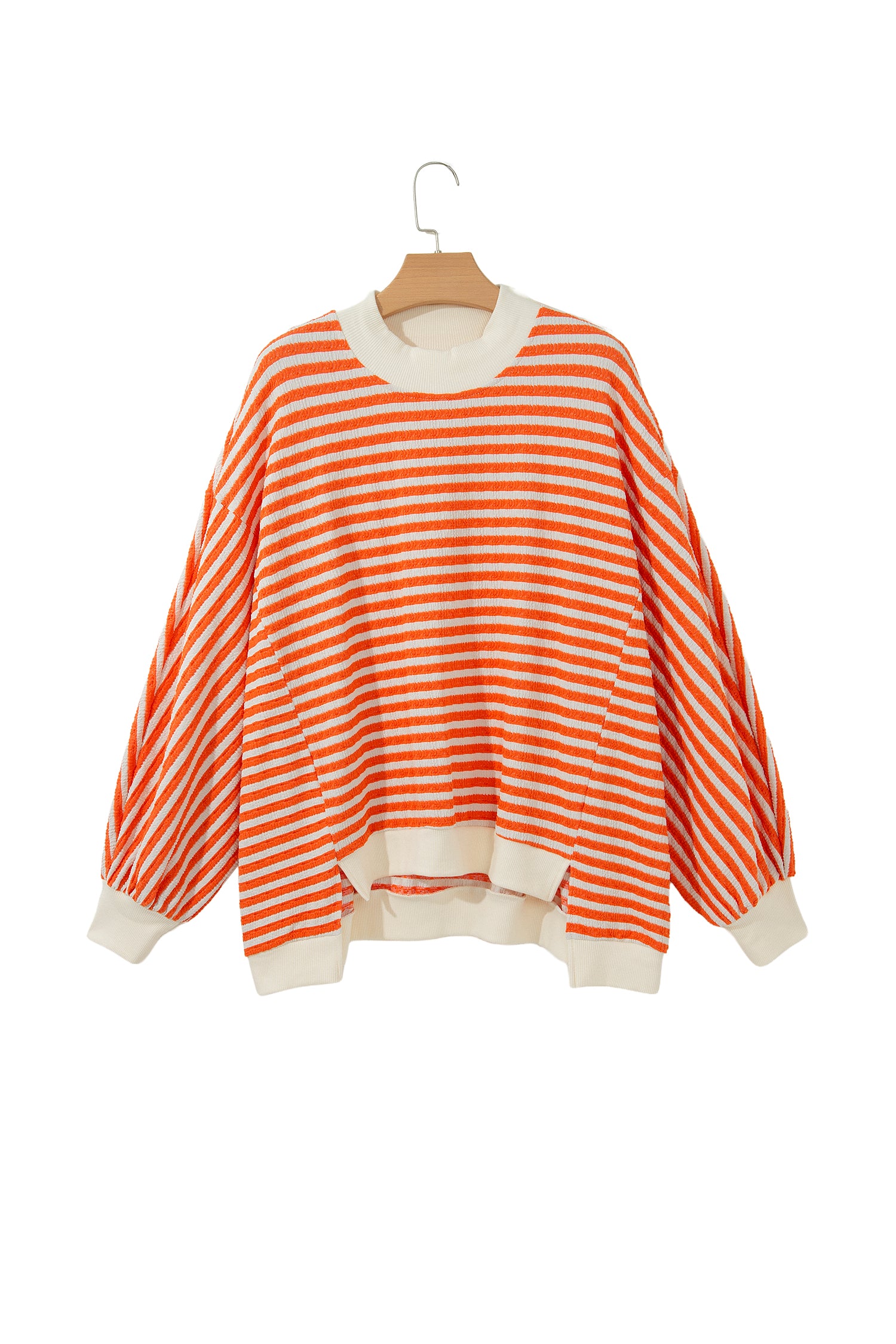 Orange Stripe Striped Textured Stand Neck Oversized Long Sleeve Top