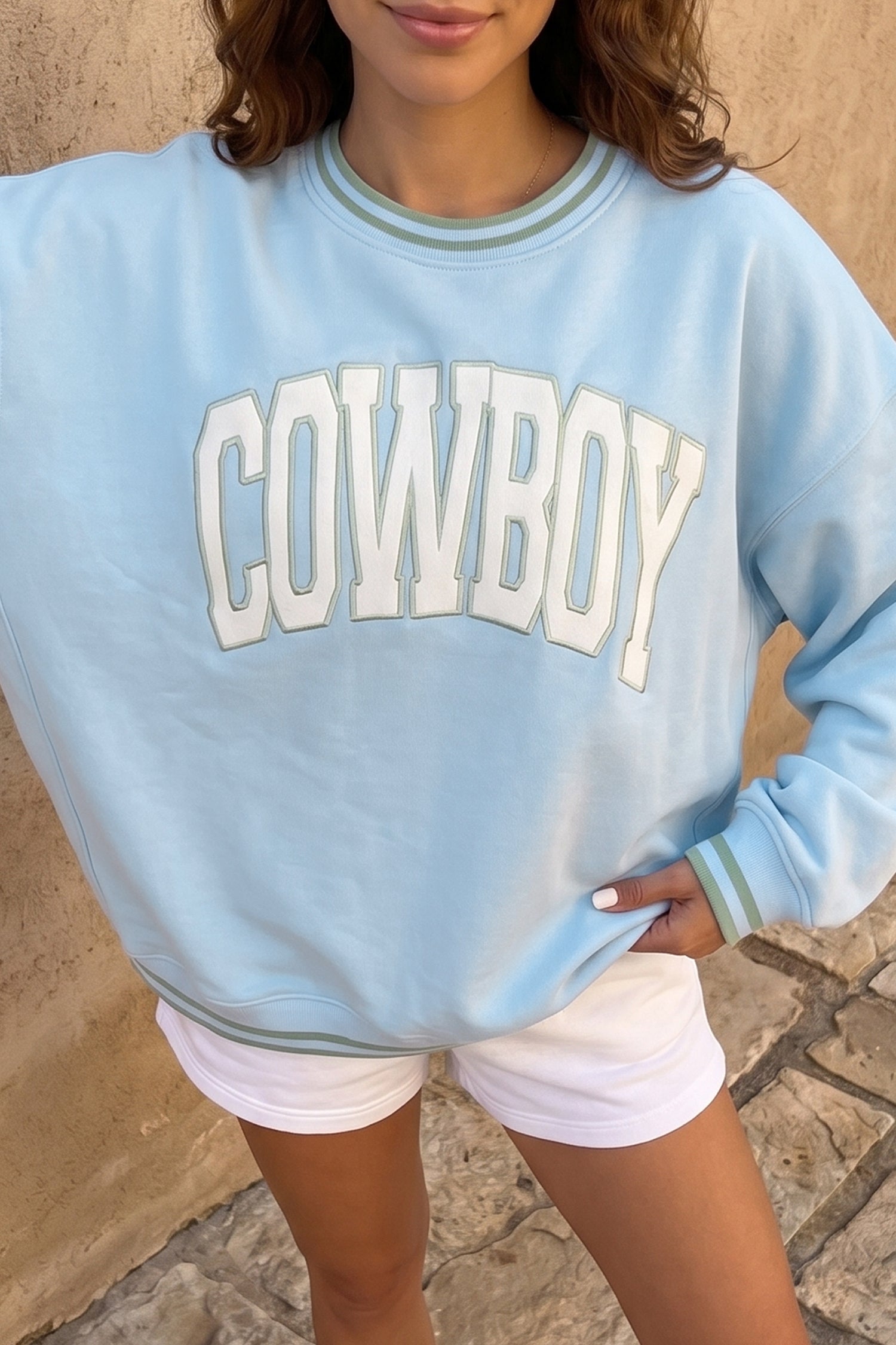 Beau Blue Embroidered Cowboy Letter Print Long Sleeve Round Neck Sweatshirt