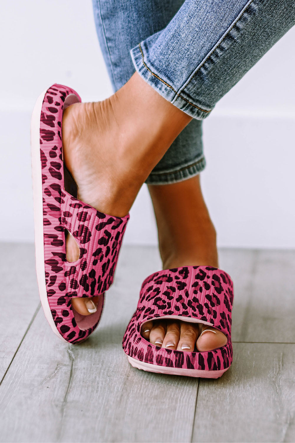 Rose Leopard Print Thick Sole Slip On Slippers