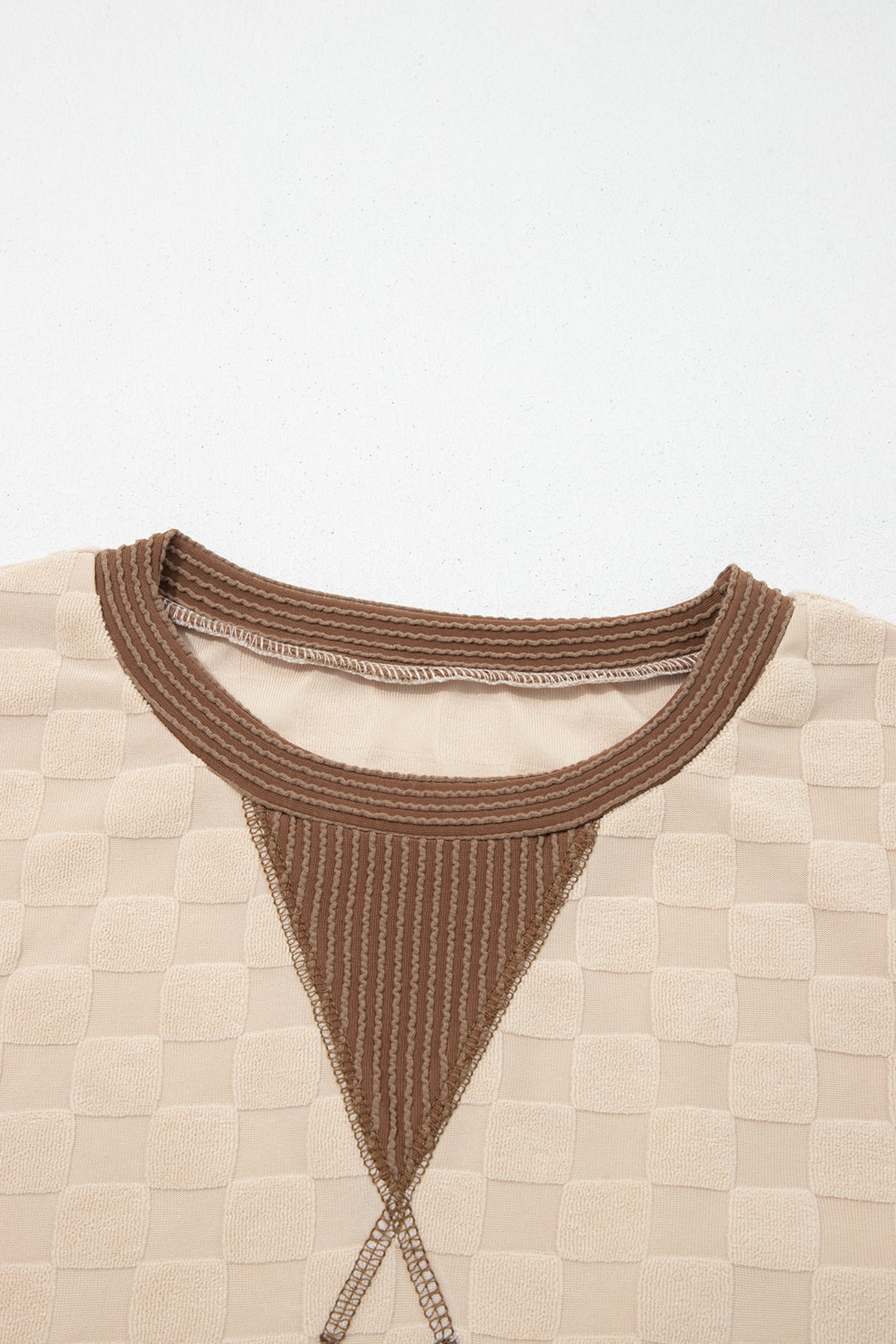 Parchment Plush Checkered Contrast Twisted Rib Long Sleeve Top