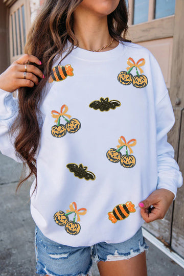 White Sequin Halloween Pattern Pullover Sweatshirt