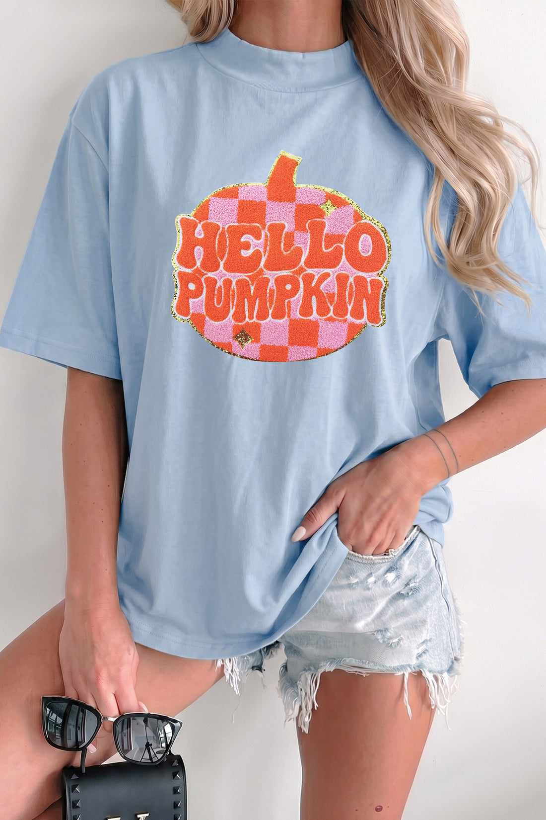 Beau Blue Chenille HELLO PUMPKIN Checkered Graphic High Neck T Shirt