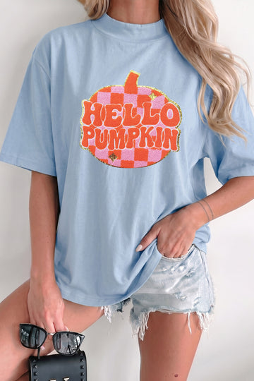 Beau Blue Chenille HELLO PUMPKIN Checkered Graphic High Neck T Shirt