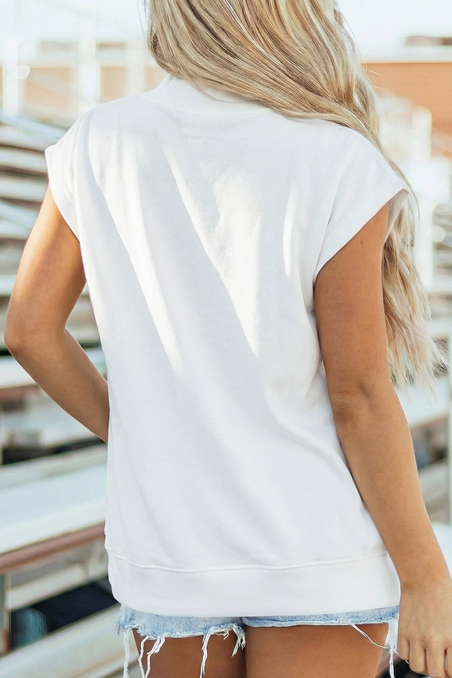 White Patchwork Rugby Print High Neck Cap Sleeve Game Day Top