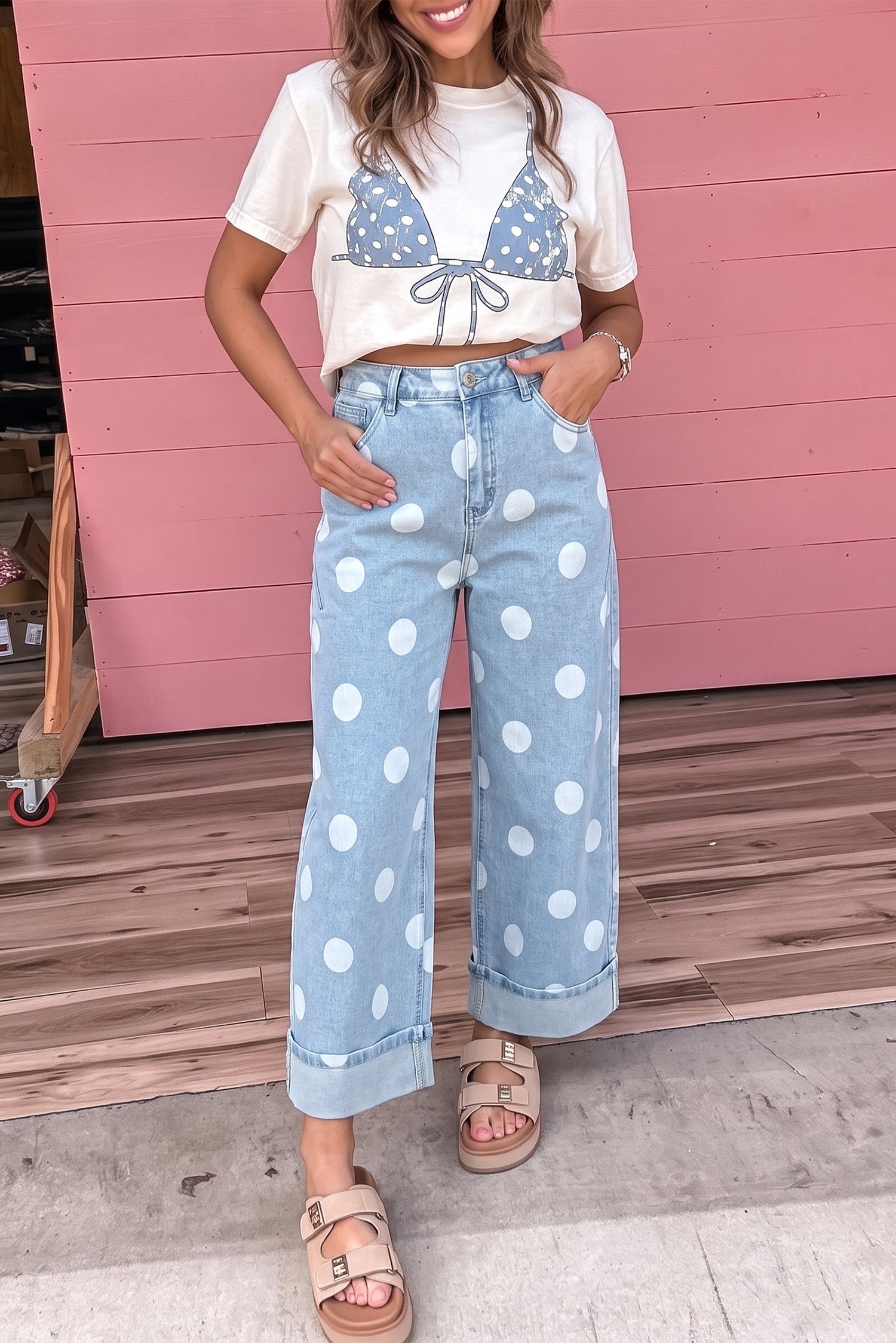 Sky Blue Polka Dot Ankle-Length Metal Button Casual Jeans