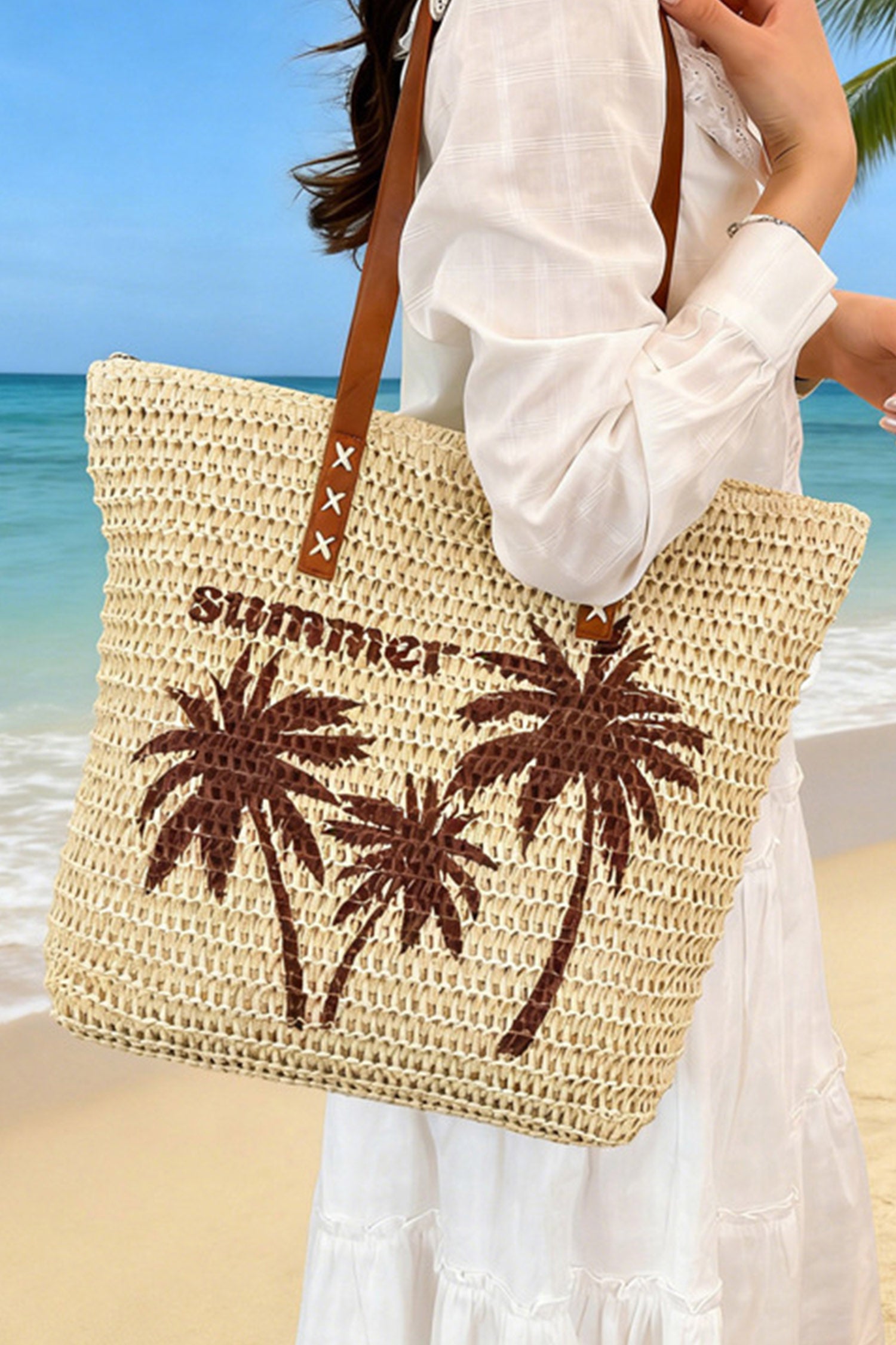 Khaki Straw Woven Summer Palm Tree Print Vacation Tote Bag