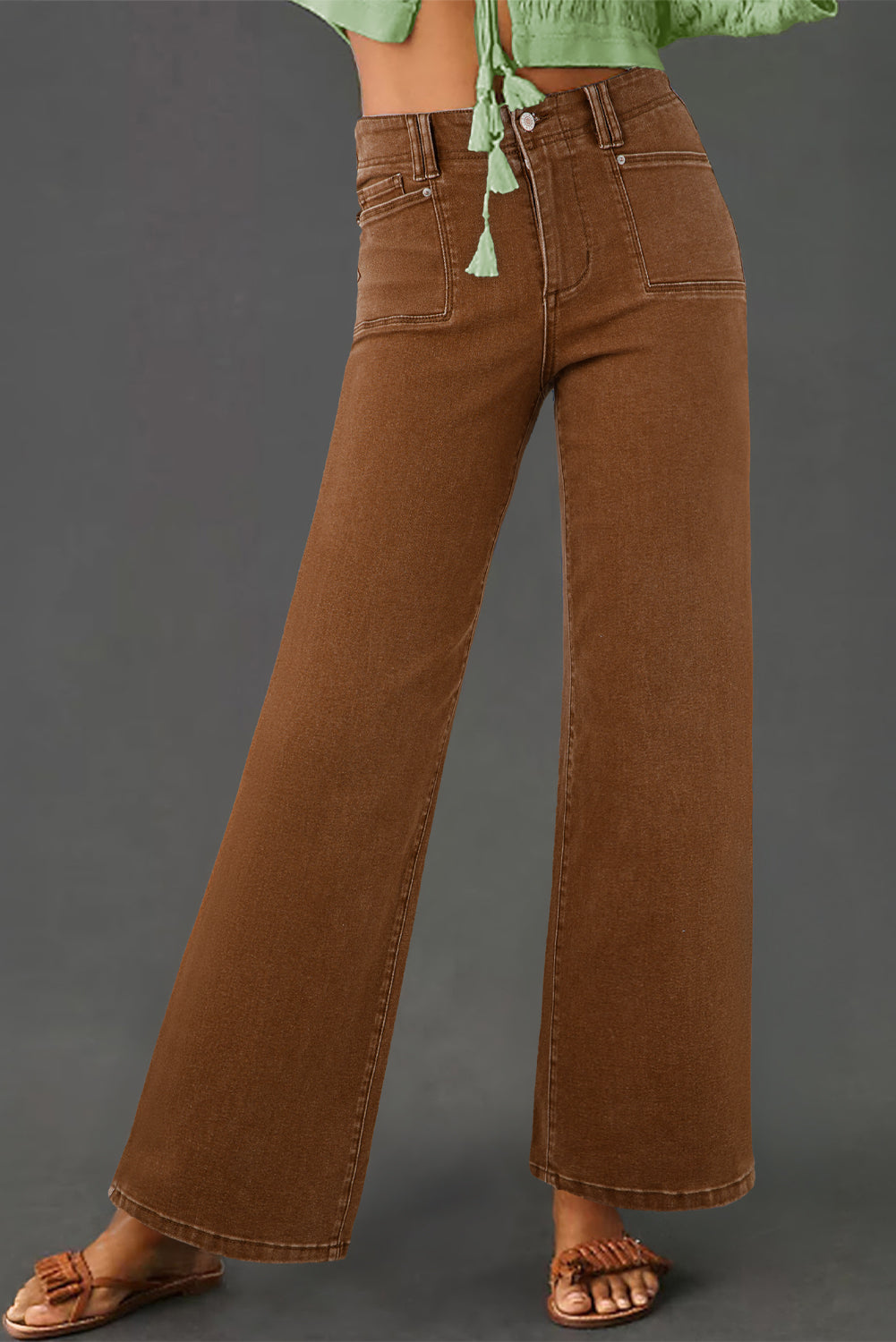 Brown Solid Color Washed Chic Pocket Straight Leg Jeans